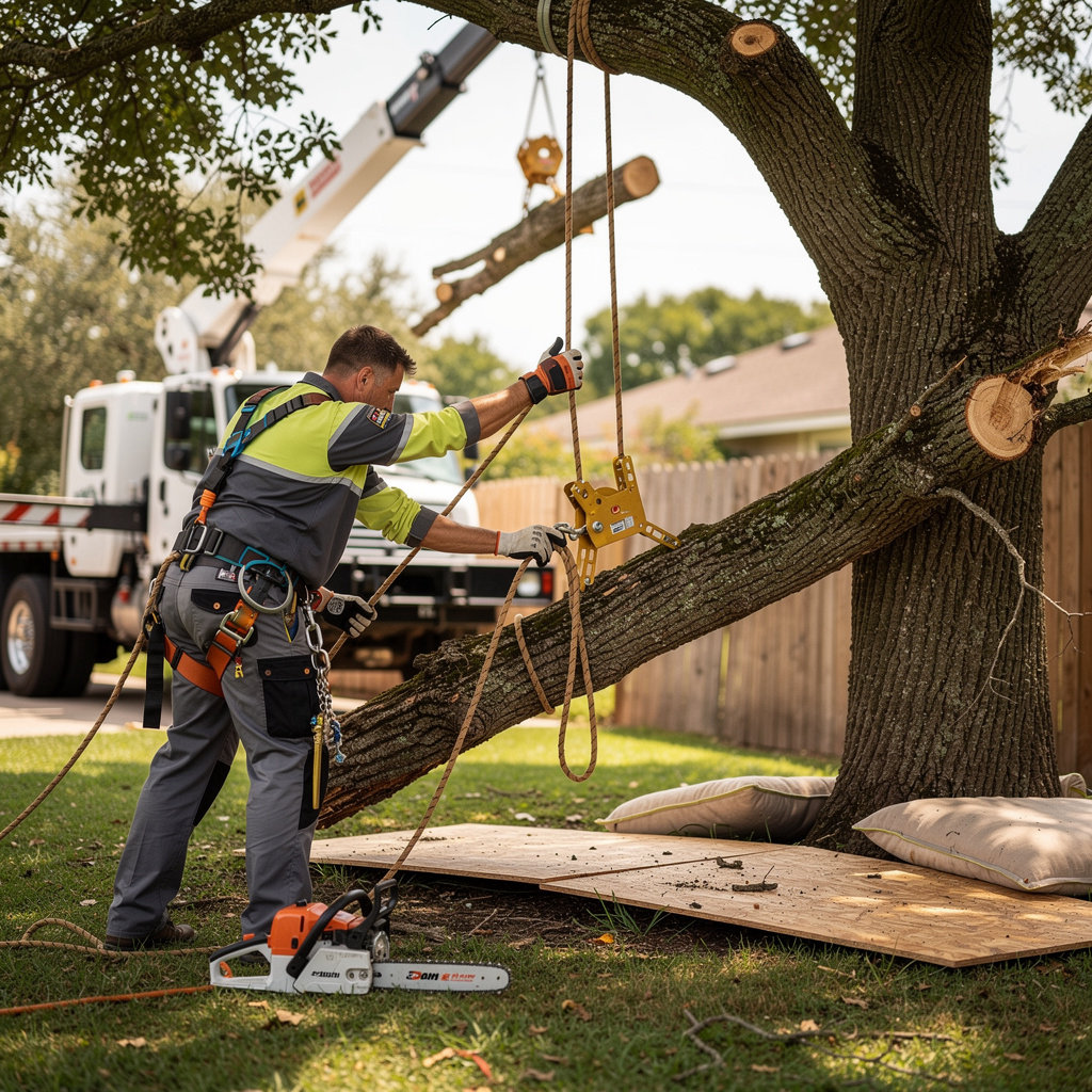 Fortis Tree Services crew using cranes, rigging, and a bucket truck for a large tree removal in Fort Worth, TX