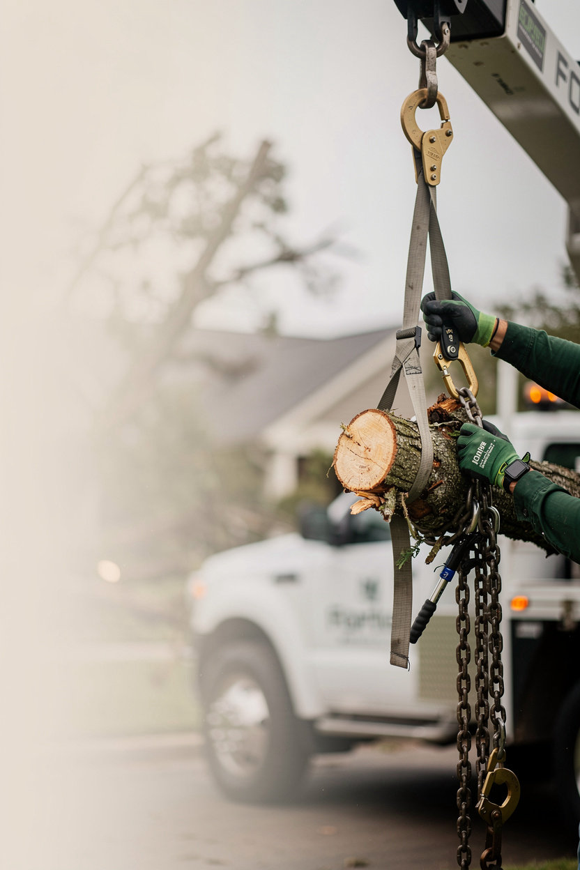Fortis Tree Services crew responding to a storm-damaged tree in Fort Worth, TX with chainsaws and bucket truck equipment