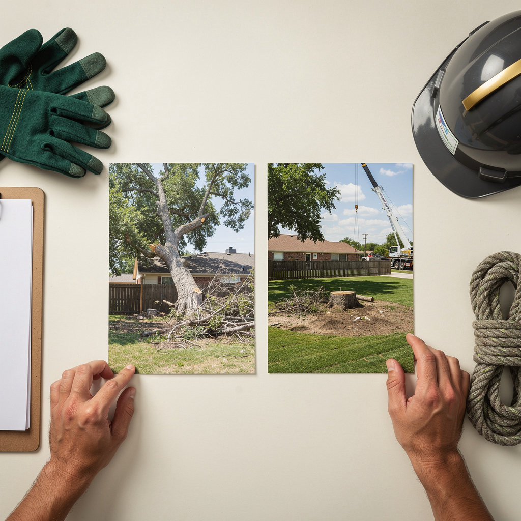 Fortis Tree Services before and after tree removal project in Fort Worth, TX showing a cleared property after professional storm damage cleanup