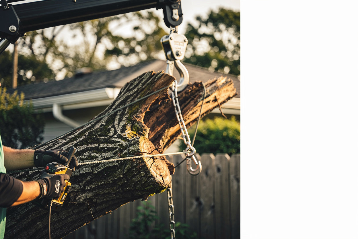 Fortis Tree Services crew performing hazardous tree removal with crane and rigging near a Fort Worth home for stump grinding and lot clearing projects