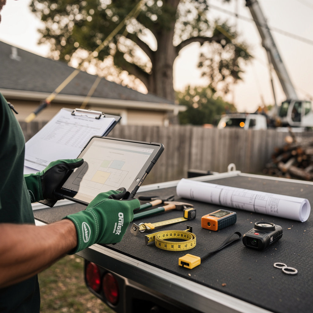Fortis Tree Services crew reviewing a large tree removal job in Fort Worth, TX before a free on-site estimate